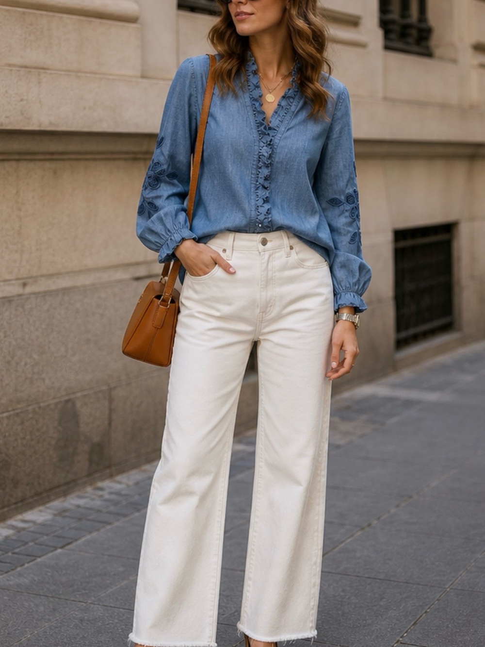 Sezane Blue Denim-Style Embroidered Peasant Blouse